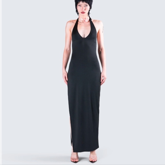Vintage Y2K Maxi ress Slinky Halter Babydoll Empire waist Black Rococo print 8 - Picture 1 of 12
